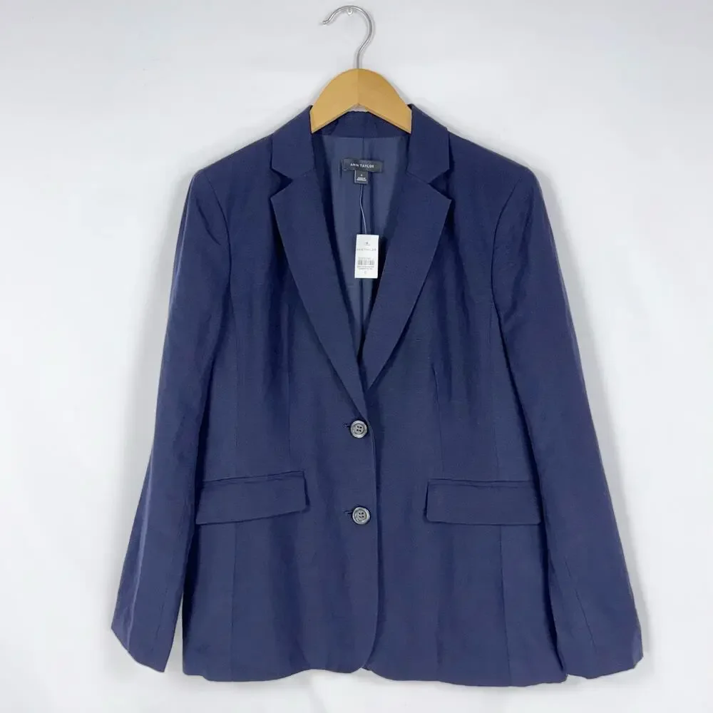 Ann Taylor Classic Linen Blend Blazer Jacket Women's 6 Navy Blue